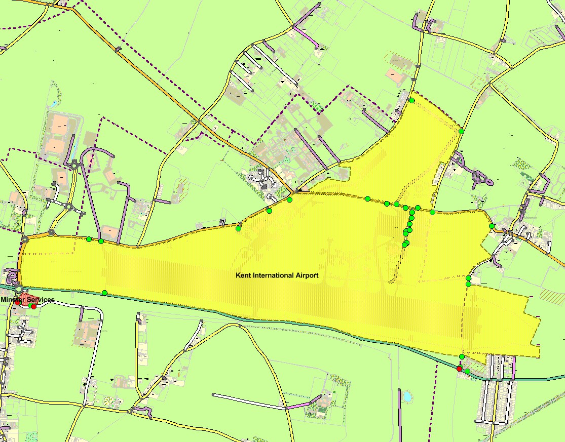 OS MasterMap Sites Layer (yellow polygon) Air transport theme – airport, showing Kent International Airport.