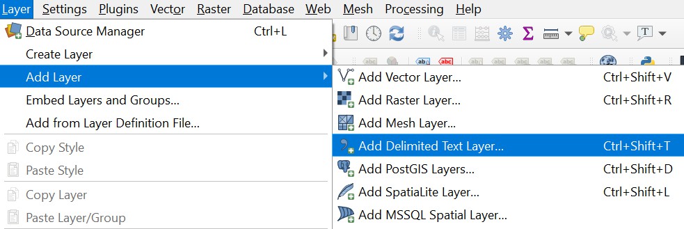 QGIS UI showing the Layer > Add Layer > Add Delimited Text Layer menu option.