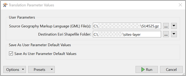 FME Workbench Translation Parameter Values dialog.