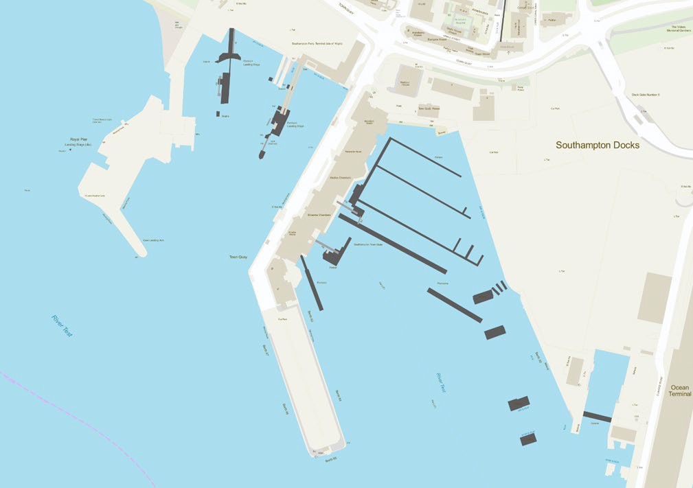 Screenshot from OS MasterMap Topography Layer near Southampton Docks showing examples of real-world objects in the Structures theme.