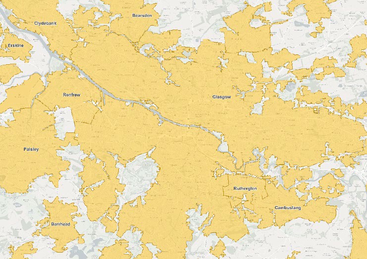 Example map of Scotland overlaid to show the Built Up Areas Feature Type. 
