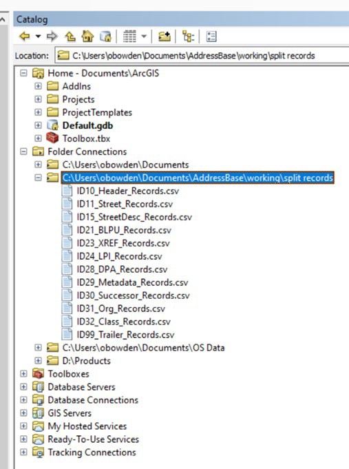ArcGIS Desktop Catalog showing AddressBase split record files