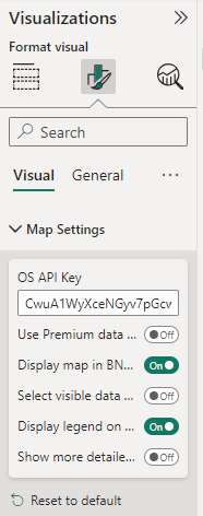 Map Settings menu in the Visualizations pane of Power BI showing the text box where you can enter an API Key.