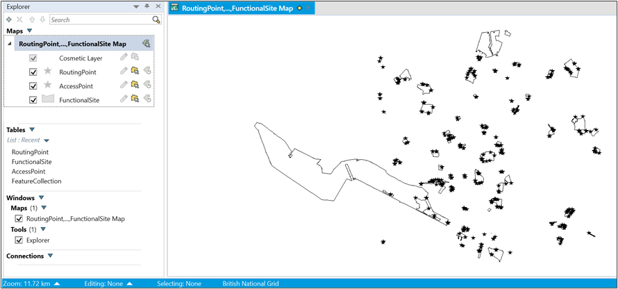 MapInfo Professional UI showing data in Maps panel and map area. 