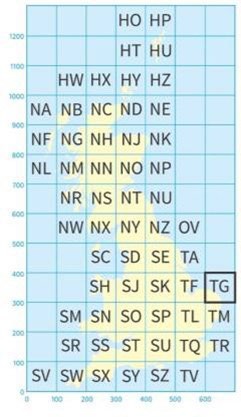 Map of Great Britain overlaid with National Grid consisting of two-letter reference squares.