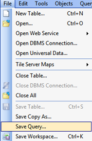 Save query option shown highlighted in the file menu