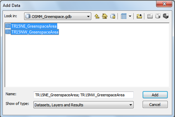 Dialog showing datasets to be loaded into ArcMap.