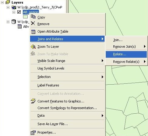 An image of a screen showing Layers with popups with 'Join and Relates', and 'Relate...' selected.