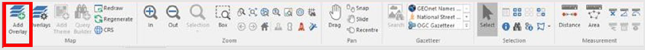 Screenshot showing the upper ribbon in CadCorp SIS. The Add Overlay button is highlighted by a red rectangle shape.