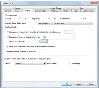 Screenshot of the layer properties dialog showing the display tab for altering visual settings