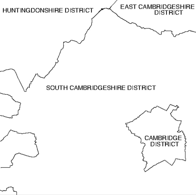 A complex polygon: Cambridge District surrounded by South Cambridgeshire District.
