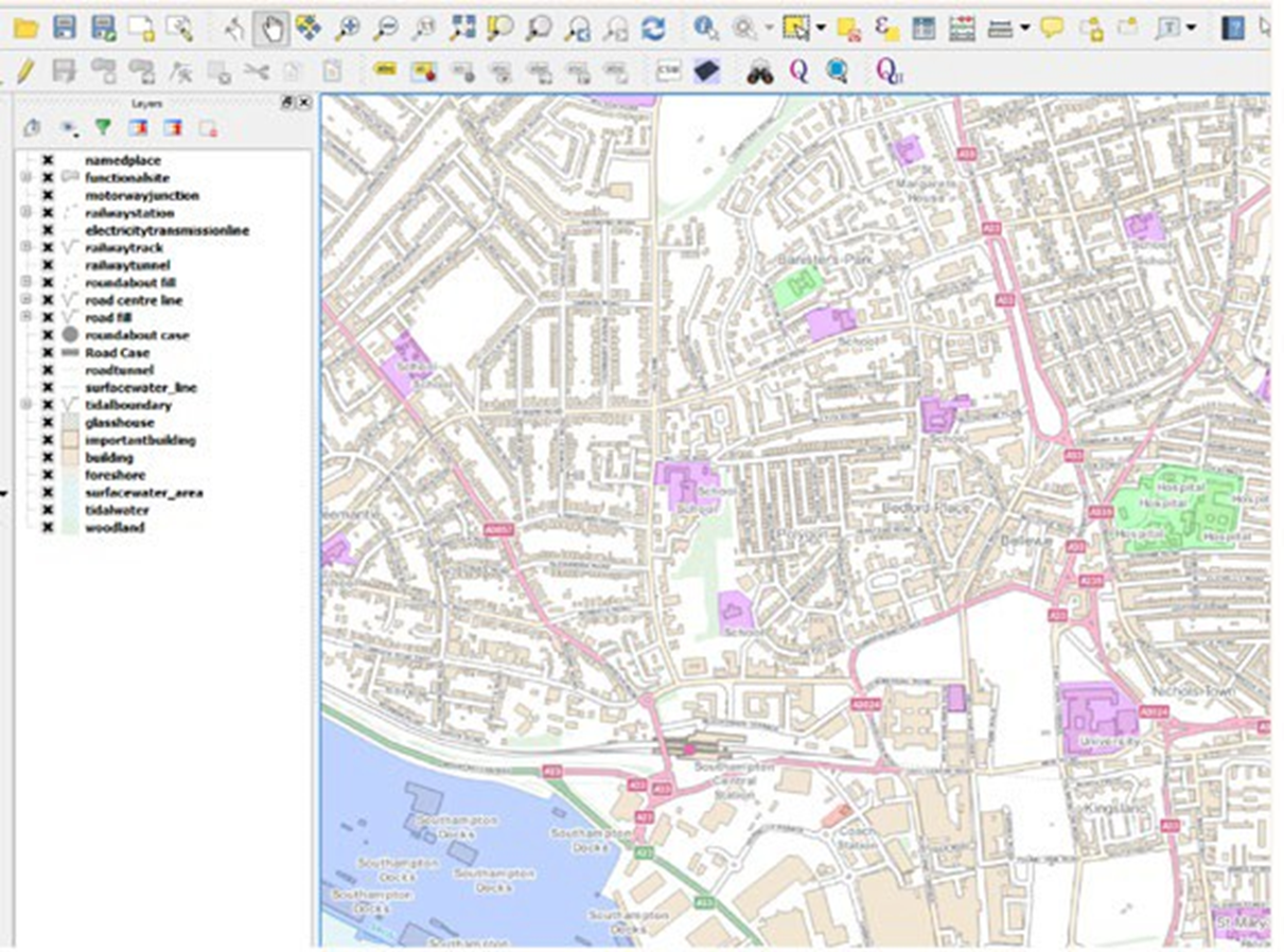 OS OpenMap Local data loaded into QGIS in the main data window