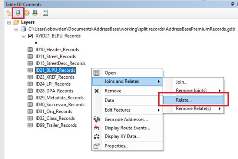 ArcGIS Desktop Table Of Contents showing Relate action