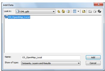 Add data dialog window and file explorer showing OS Open Map Local data file