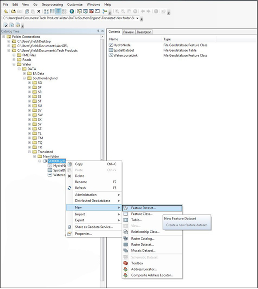Screenshot of ArcCatalog showing the folder structure within Folder Connections and how to navigate to the create a new Feature Dataset option.