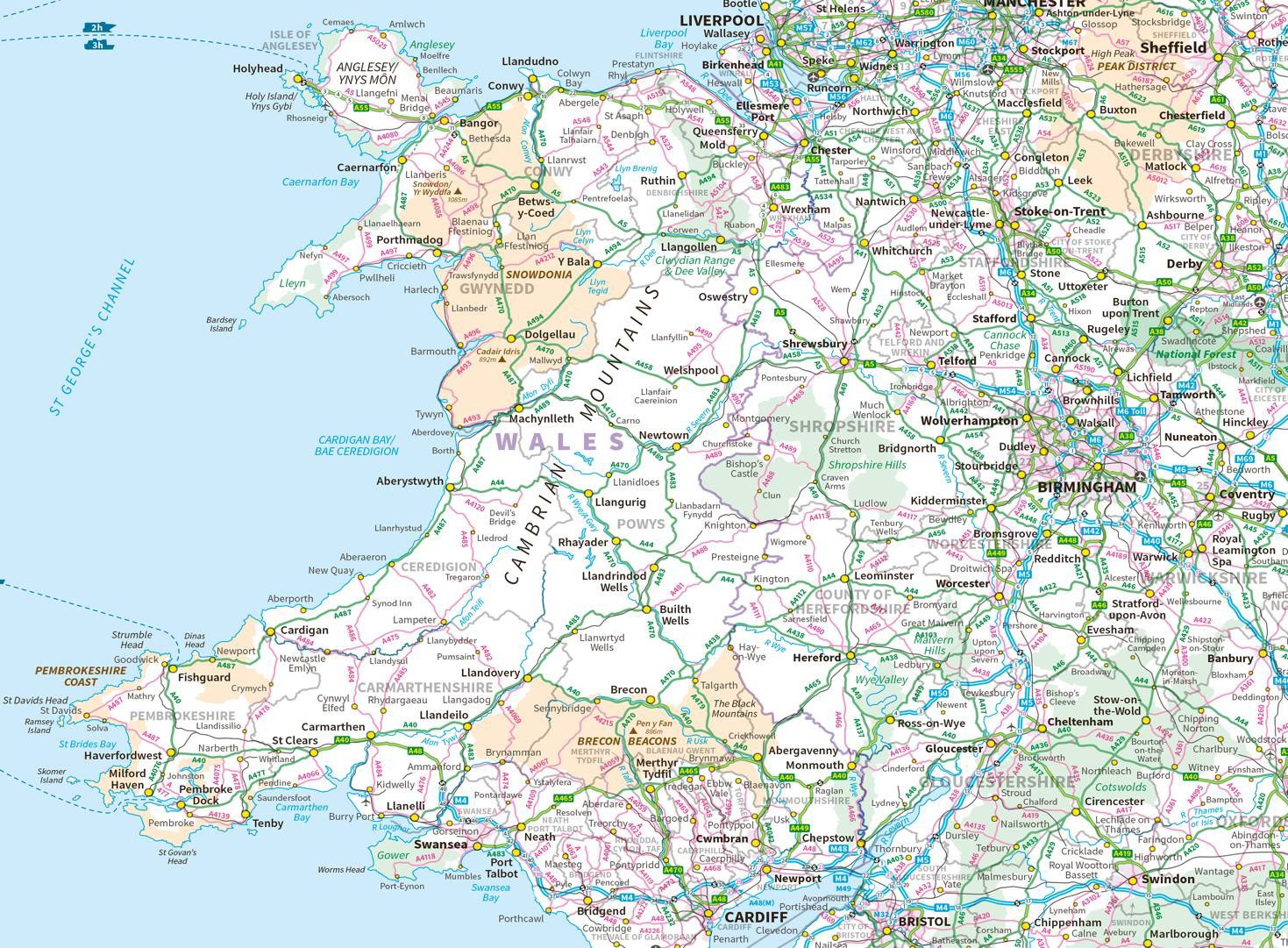 An extract of MiniScale showing default layers and styles displaying a map of Wales and part of south west England