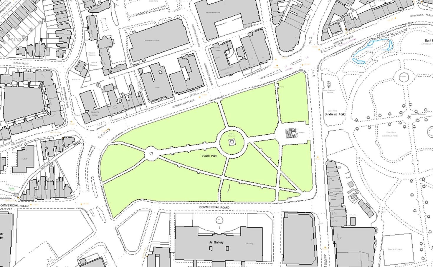 Example map displaying grassed areas in green over OS MasterMap Topography Layer with buildings highlighted in grey.