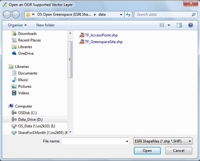 Data shown in TF_AccessPoint.shp and TF_GreenspaceSite.shp files in the Windows file explorer