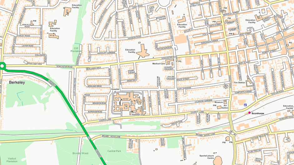 An example of OS Open Zoomstack data showing a vector map of street data in a built up area