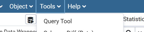 Query tool selection in the Tools menu for opening a new SQL query window