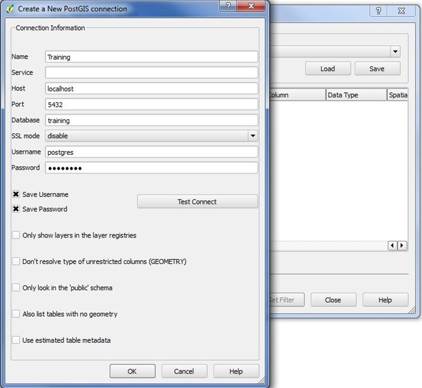 An image of two windows, showing the Create a New PostGIS connection screen in front of the Add PostGIS Table dialog.