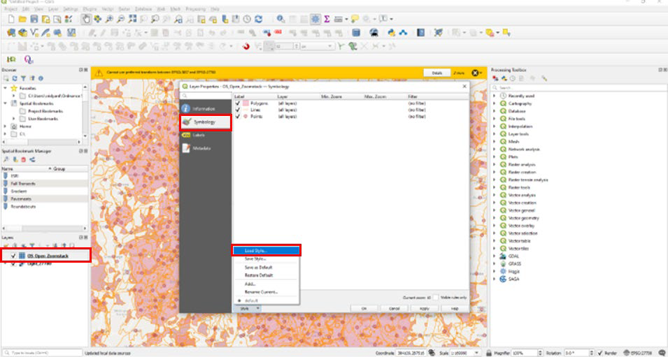 Screenshot of the load style menu option in the context menu of the layer properties window