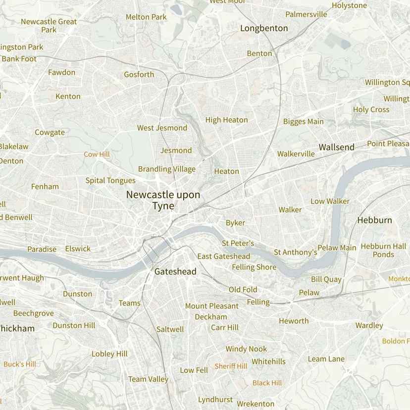 A representation of OS Open Names data against a background map showing place names around Newcastle upon Tyne