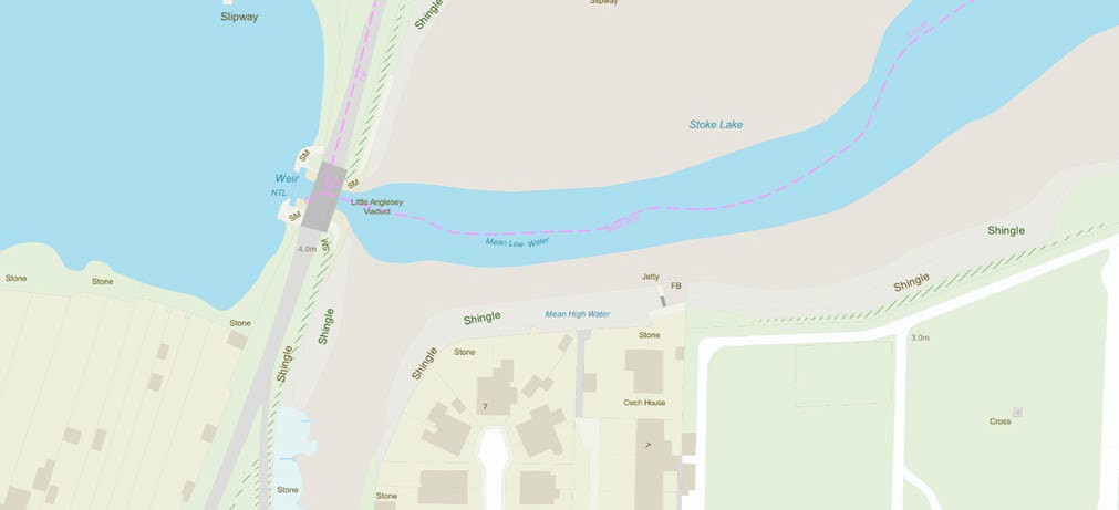 Screenshot from OS MasterMap Topography Layer at Little Anglesey Viaduct showing the depiction of water and a bridge.