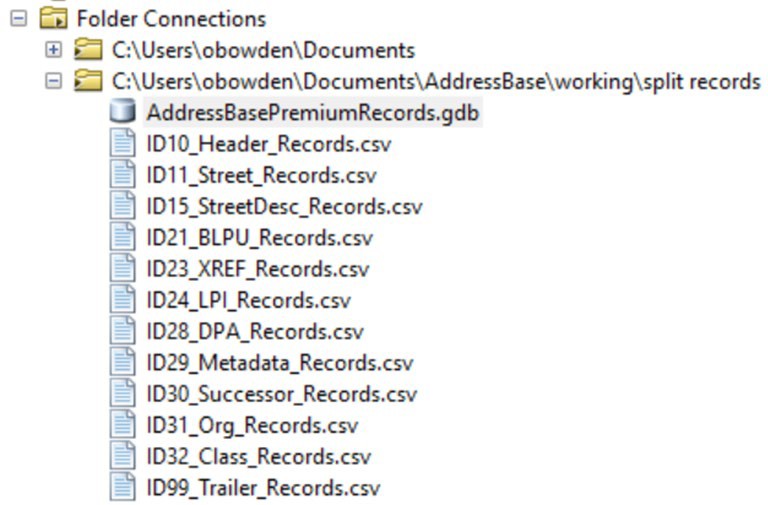 ArcGIS Desktop Catalog showing new File Geodatabase and split record files