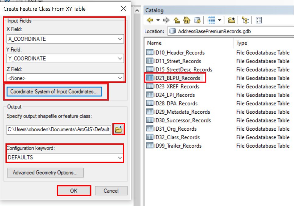 ArcGIS Desktop Catalog showing Create Feature Class From XY Table dialog