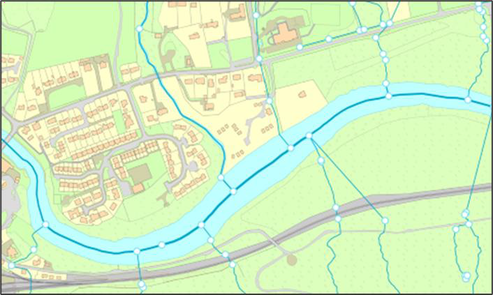 Example extract from OS MasterMap Water Network Layer showing one large river and several tributaries/smaller rivers running into it. The WatercourseLink (blue solid lines) features and HydroNode features (small white circle with a blue solid outline) are shown on top of every watercourse.