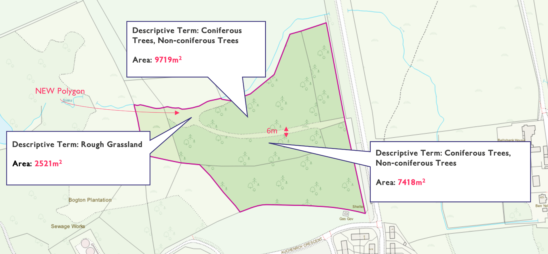 Screenshot of what the the data in example area 1 looked like after the rural land cover specification refinement update (August 2022 OS MasterMap Topography Layer data).
