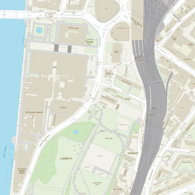 Screenshot showing an extract of OS MasterMap Topography Layer in Outdoor style. The map is focussed over St Thomas' Hospital and Archbishop's Park in London, UK.