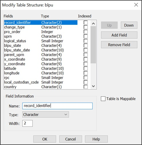 MapInfo Modify Table Structure: blpu dialog
