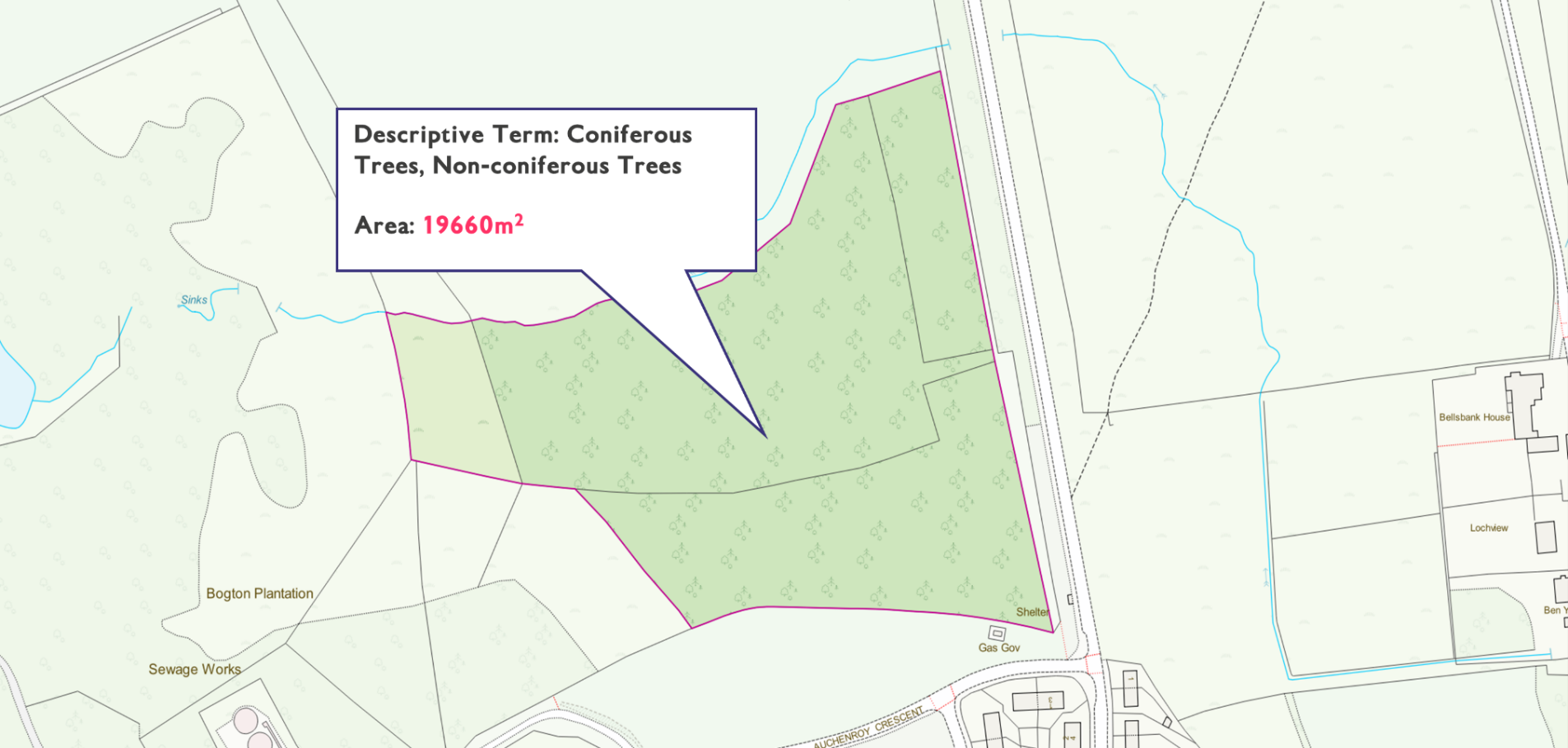 Screenshot of what the data in example 1 looked like prior to the rural land cover specification refinement update (July 2022 OS MasterMap Topography Layer data).