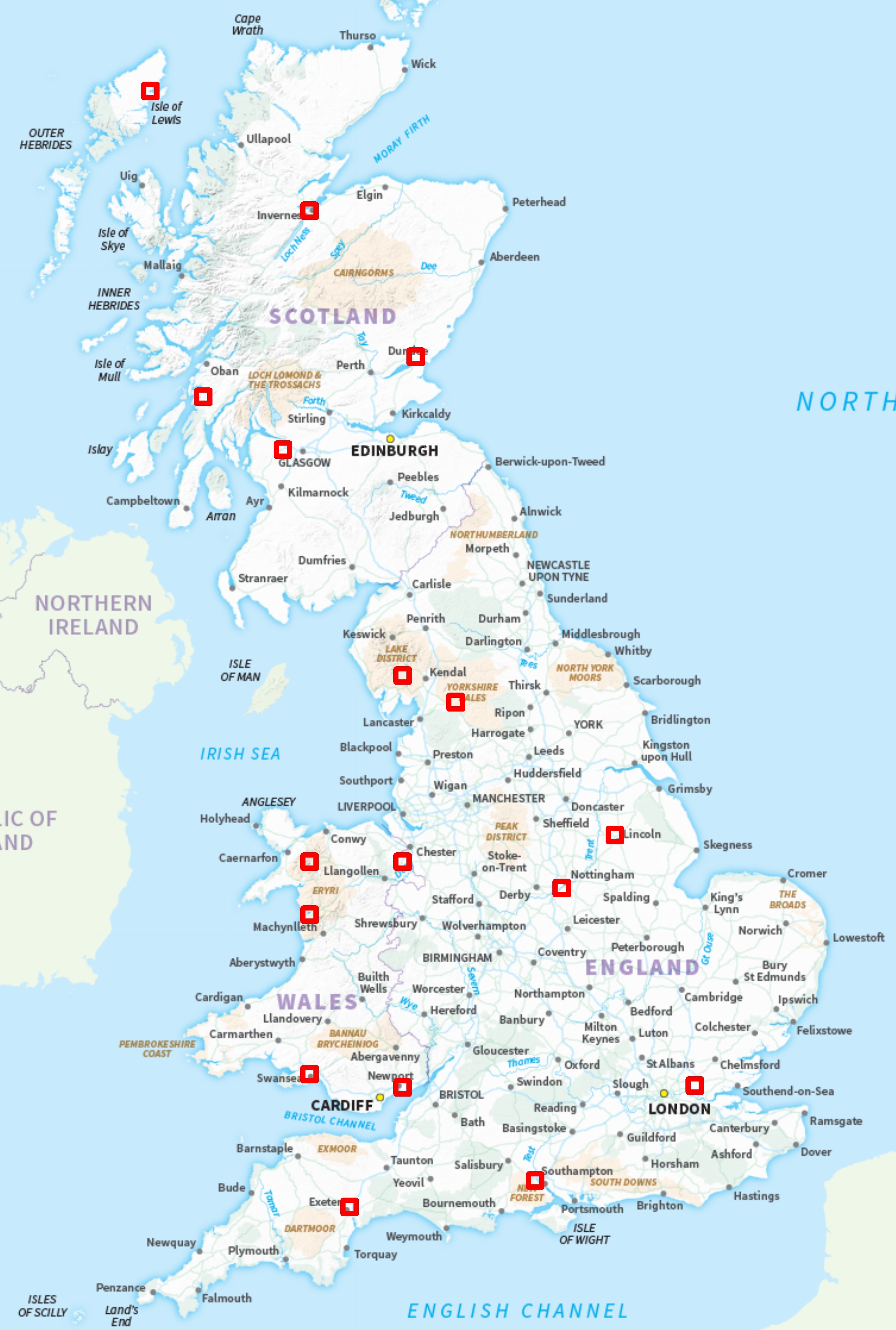 A map of Great Britain showing the 17 areas of sample data available for the OS Basemap Prototype.