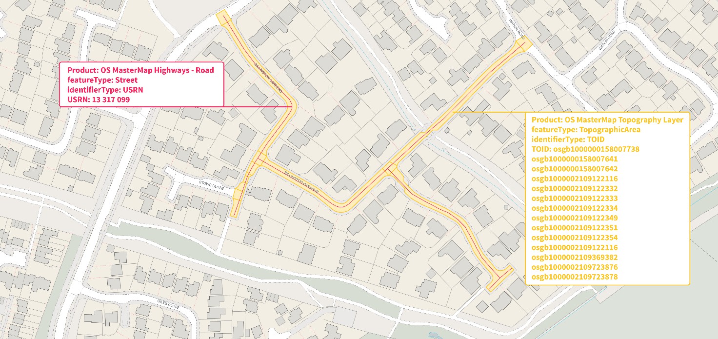 A visualisation of a street feature type related to a Topographic area feature type