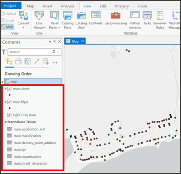 ArcGIS Pro UI showing AddressBase Premium  tables in the Contents pane and Map view