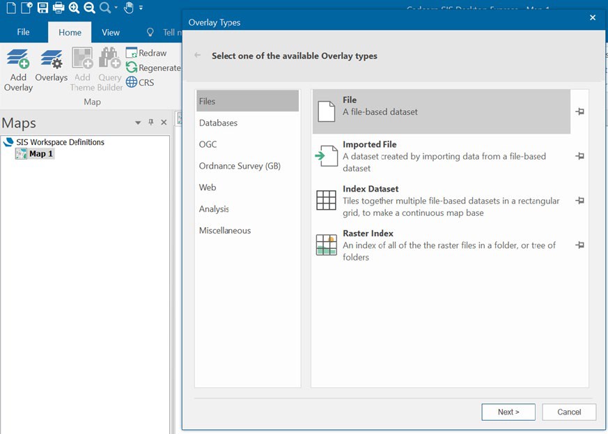 Cadcorp Overlay Types dialog showing the  Files > File option.
