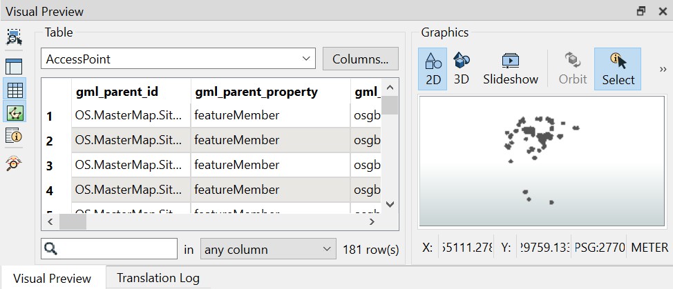 FME Workbench showing data table and visual map that displays below the main work area.