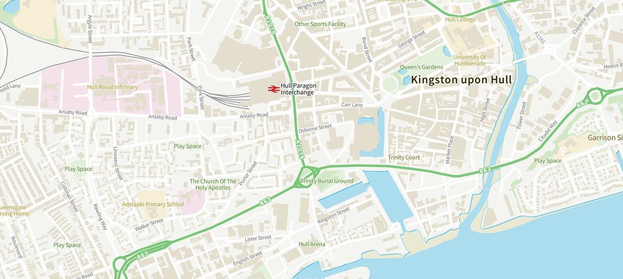 Outdoor mapping style used to map the area of Kingston upon Hull showing terrain and land cover features. 