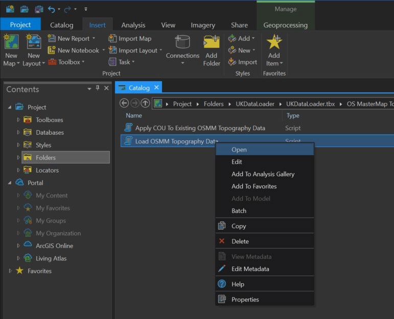 ArcGIS Pro UI showing saved UK Data Loader toolbox in Catalog View