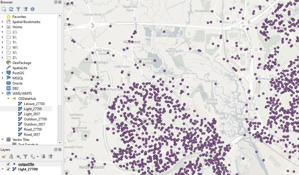 QGIS UI showing loaded OS Open Names data in the map pane.
