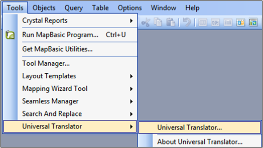 MapInfo Professional window that shows Tools menu with Universal Translator option.