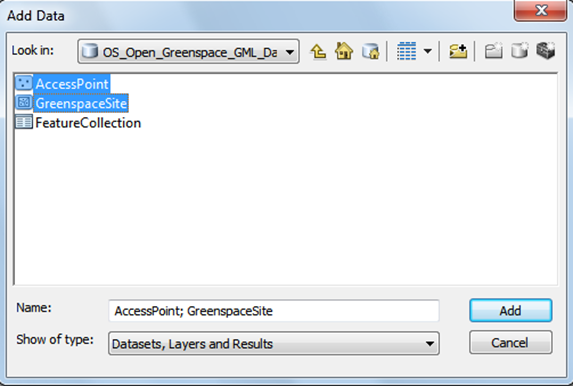 Add data dialog showing access point, GreenspaceSite, and Feature Collection in the file explorer window