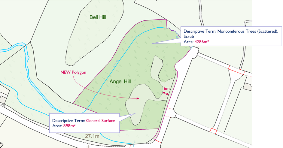 Screenshot of what the data in example 3 looked like after the rural land cover specification refinement update (October 2022 OS MasterMap Topography Layer data).