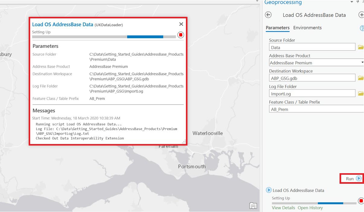 ArcGIS Pro UI showing loading OS AddressBase Data