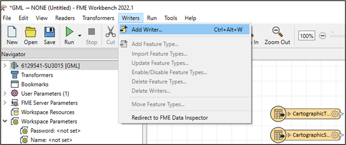 FME Desktop UI showing Writers > Add Writer action