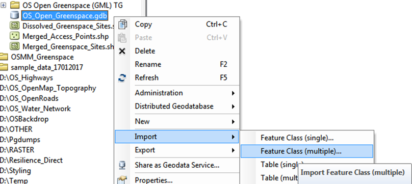 Feature class import option under the Geodatabase context menu