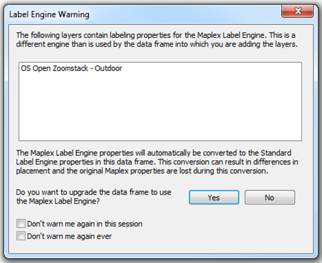 Screenshot of the label engine warning dialog